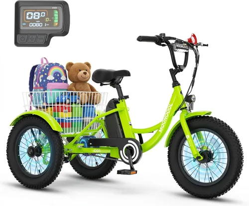 Vista 8 de MOPHOTO Triciclo eléctrico de 16 pulgadas para jóvenes, bicicleta eléctrica Menta cool