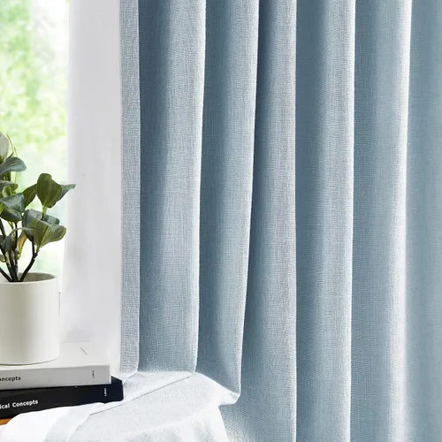 Vista 4 de Cortinas azul empolvado completamente opacas con pliegues de pinza, textura de lino, con aislamiento térmico, panel de tratamiento de ventana de 84