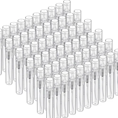 Vista 9 de Fandamei Mini botella de spray, 60 botellas de plástico transparente de 2ml (0.068 fl oz) vacías, mini botella de perfume recargable de niebla fina.