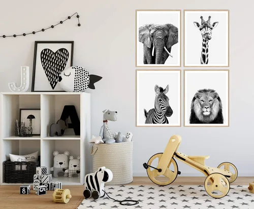 Vista 3 de 4 Piece Safari Zoo Animal Nursery Set, Neutral Wall Decor, Kids Bedroom, Children's Room Animal Print Collage 4 Piece Set, 11 x 14 inches each