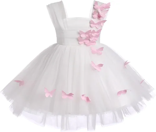 Vista 5 de Vestido tutú de tul para niña pequeña, vestido de mariposa y flores para niña, trajes formales de cumpleaños, vestidos de pastel