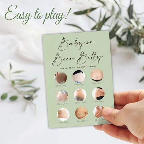 Vista 3 de 30 tarjetas de juego minimalistas verdes para baby shower con tarjeta de respuesta, juego de vientre de bebé o cerveza, juegos de baby shower