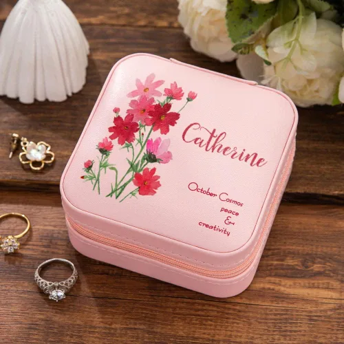 Vista 4 de Joyero de viaje de cuero personalizado para mujer, con nombre grabado y flor de nacimiento, funda personalizada, estuche organizador de joyas, caja