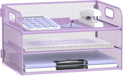 Vista 9 de Supeasy Organizador de papel de 3 niveles con asa, organizador de escritorio de malla, bandeja de cartas, bandeja de papel organizador de archivos
