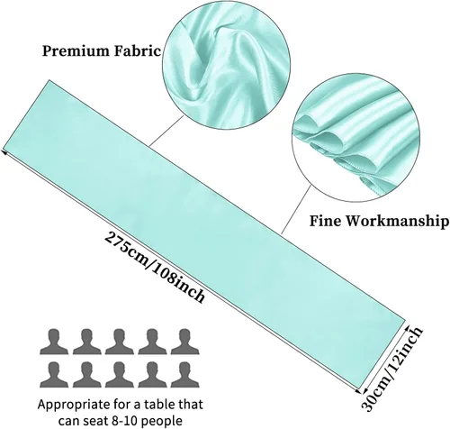 Vista 2 de Pack de 10 caminos de mesa de satén premium Aqua de 12 x 108 pulgadas de largo para bodas, caminos de mesa para decoraciones de fiestas
