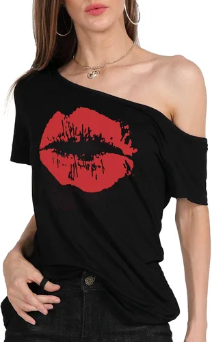 Vista 5 de MAGICMK - Camiseta casual para mujer, con estampado de labios y hombro descubierto, talla extragrande