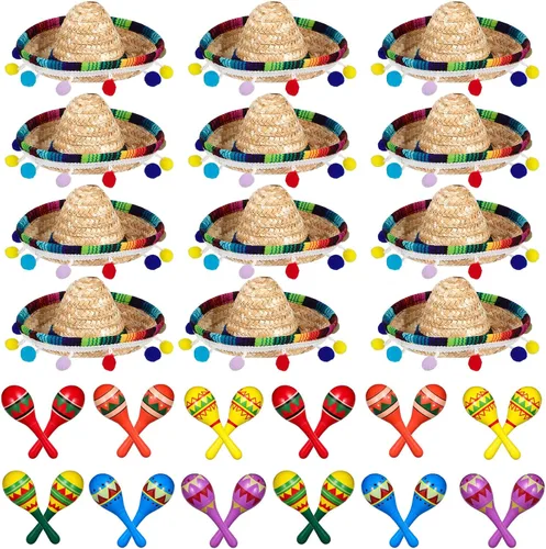 Vista 7 de Honoson 12 piezas de maracas de madera para fiesta, 6 mini sombreros de Cinco de Mayo, sombrero mexicano de copa para decoración de fiesta