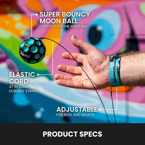 Vista 5 de Waboba Bola de Retorno Bounceback Negra y Azul Lunar, Bolas Hiper Rebote, Rebote Extremo y Diversión, Bola de Rebote Super Alto para Juegos Activos