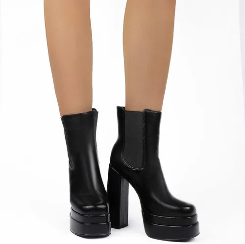 Vista 6 de SIFINELAR Botas de tobillo con plataforma para mujer tacón alto tacón grueso punta cuadrada botas cortas con cremallera lateral