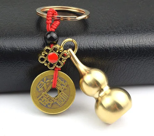 Vista 4 de 3 llaveros de latón de calabaza china Wu Lou, monedas de oro de Feng Shui para buena suerte, fortuna, longevidad, éxito, decoraciones de calabash