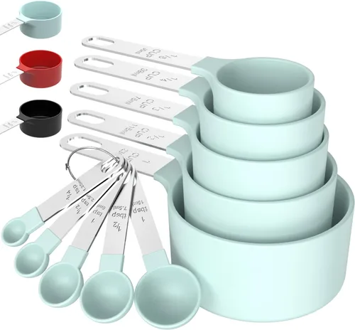 Vista 12 de TILUCK Juego de tazas y cucharas medidoras, tazas y cucharas apilables, tazas medidoras anidables con mango de acero inoxidable, accesorios de Negro