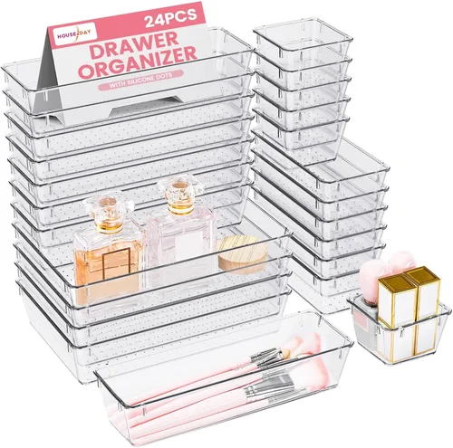 Vista 10 de HOUSE DAY Organizadores de Cajones de Escritorio 6 PCS, 9*6*2" Organizadores de Cajones Transparentes con Almohadillas de Silicona, Organizadores