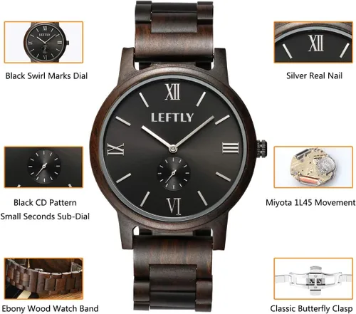 Vista 4 de LEFTLY Reloj de pulsera de madera hecho a mano con movimiento Miyota ligero y cuarzo para hombre