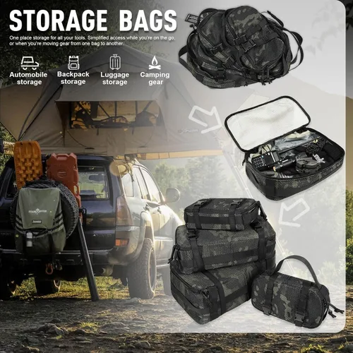 Vista 30 de Juego de 4 cubos de embalaje tácticos, bolsa de almacenamiento de malla compresible, organizador portátil Edc Molle.