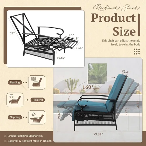 Vista 3 de Oakcloud Sillón Ajustable para Exteriores Silla Reclinable Relajante de Metal para Patio con Cojines Extraíbles (Azul Pavo Real)
