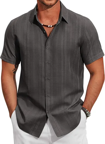 Vista 6 de COOFANDY Camisas casuales con botones para hombre, de manga corta, para verano, playa, texturizadas
