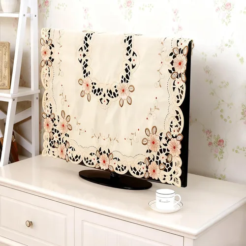 Vista 7 de LeLehome - Mantel de encaje bordado con flores cafés, color crema y beige, diseño clásico y tela que no se arruga para mesa de comedor