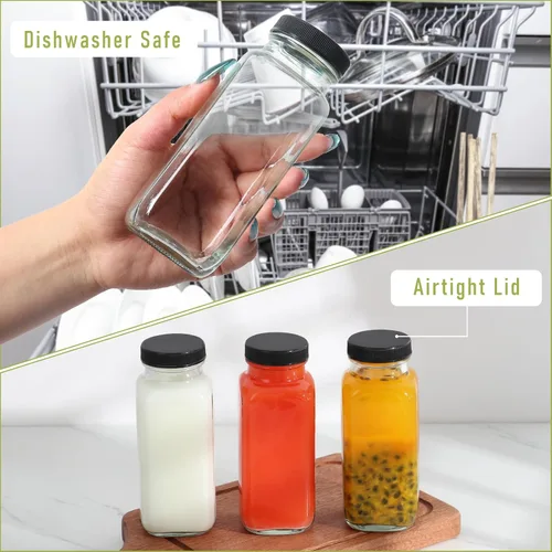 Vista 5 de Botellas de vidrio para jugo de 8 onzas con tapas, paquete de 6, botella de agua reutilizable, botellas de jugo para batidos, leche, almacenamiento