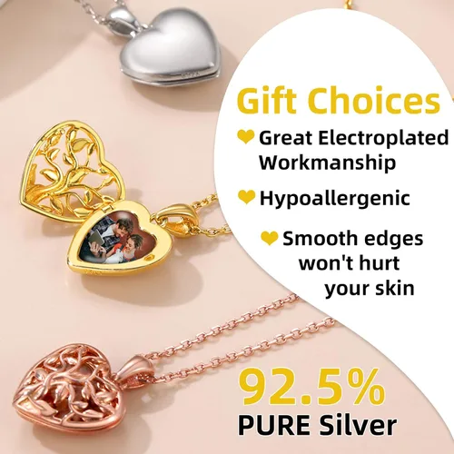 Vista 9 de GOLDCHIC JEWELRY Collar con medallón de plata de ley 925 con forma de corazón para fotos para mujeres y niñas, piedra de nacimientoárbol