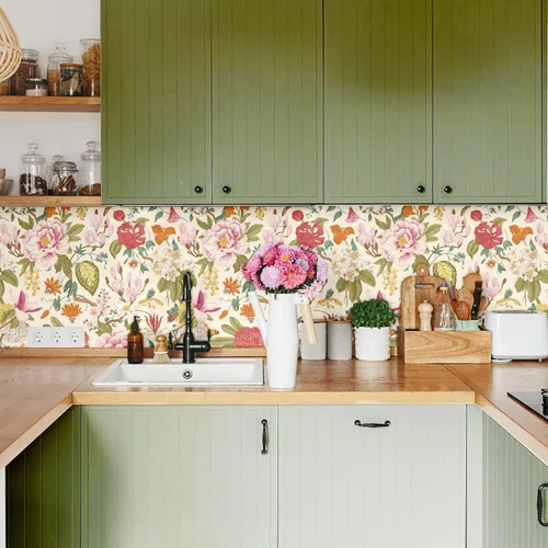 Vista 3 de Blooming Wall DPYC02-1 - Papel tapiz autoadhesivo con textura de peonía y flores primaverales, decoración de pared