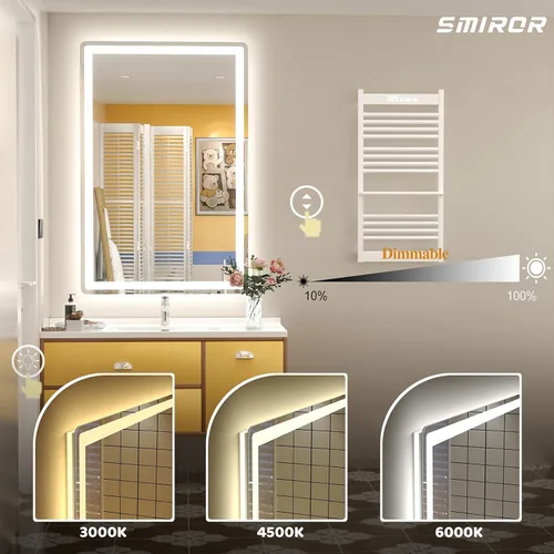 Vista 5 de SMIROR Espejo de baño LED con luces de 22" x 30", espejo de tocador rectangular redondeado iluminado para pared, iluminado frontal y retroiluminado