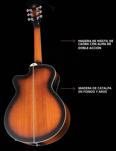 Vista 5 de Washburn Festival EA15 Mini Jumbo Cutaway, guitarra eléctrica acústica, ráfaga de tabaco Parte superior de arce figurada; Mini corte gigante