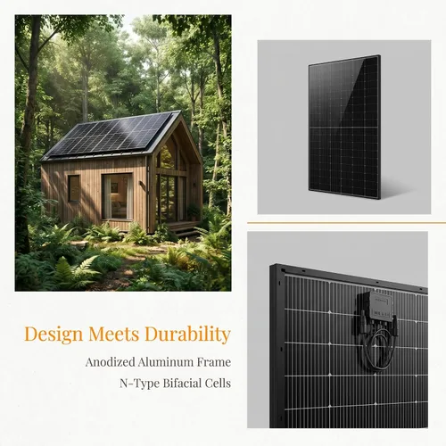 Vista 6 de Panel solar bifacial de 200 W, panel solar monocristalino tipo N 16BB, 25% de alta eficiencia, IP65 impermeable, para casa rodante, barco, sistema