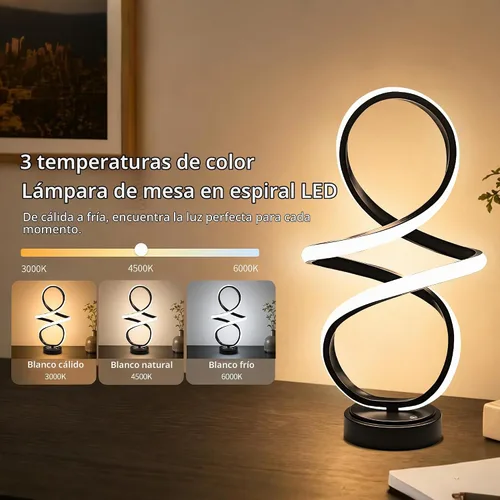 Vista 3 de Lámpara de mesa pequeña moderna con diseño espiral LED, lámpara de mesita NEGRO MATE
