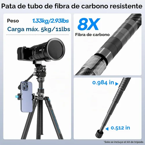 Vista 4 de SIRUI Trípode de cámara de fibra de carbono de 61"/155cm con cabezal fluido