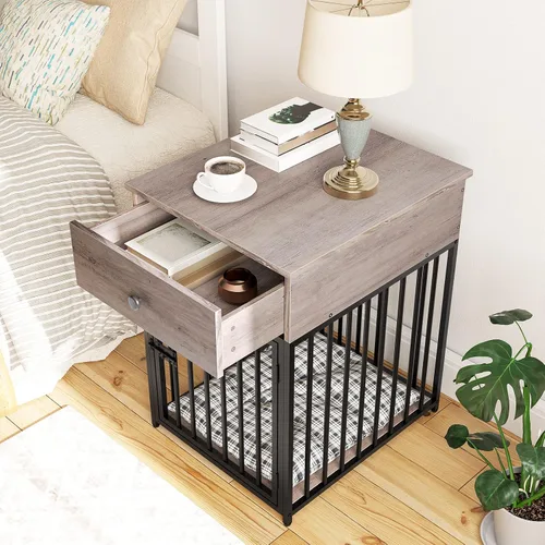 Vista 2 de HOOBRO Muebles de jaula para perros, casa de madera para perros, perrera decorativa con cajón, mesa auxiliar de jaula de interior para perros