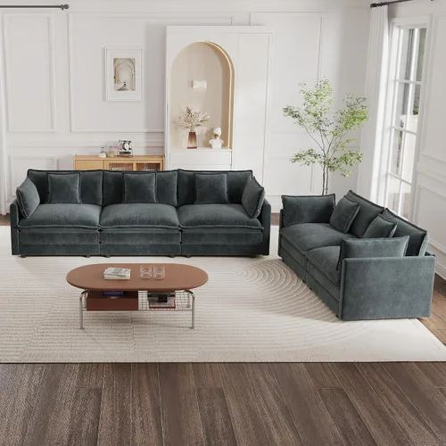 Vista 11 de mikibama Juego de sofá biplaza y sillón de lujo de 2 piezas, moderno juego de sofás nube tapizados de chenilla con 5 almohadas para sala de estar