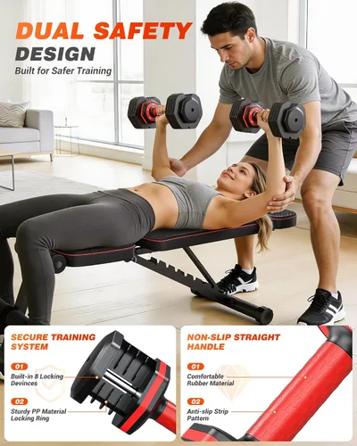 Vista 5 de Rendpas Adjustable Dumbbell Set, Quick Adjust Free Weights for Home Gym 25/55/80/90lb weight dumbbells w/non-slip handle, dual-lock safety