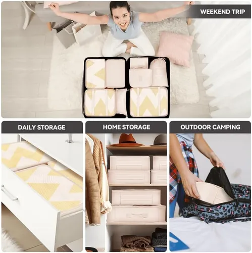 Vista 7 de MURISE Cubos de equipaje para viajes, 8 bolsas organizadoras de maleta para artículos esenciales de viaje, juego organizador de equipaje duradero