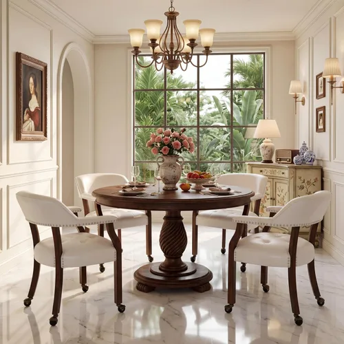 Vista 35 de LEEMTORIG Juego de 2 sillas de comedor con ruedas y brazo, sillas de comedor grandes con ruedas, silla de mesa de póquer de madera maciza, 26