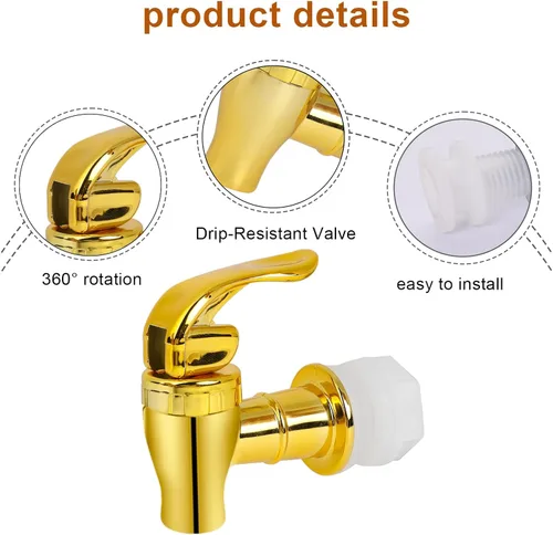 Vista 2 de Grifo para dispensador de bebidas, paquete de 2 boquillas doradas para dispensador de bebidas, grifo de estilo de empuje para dispensador
