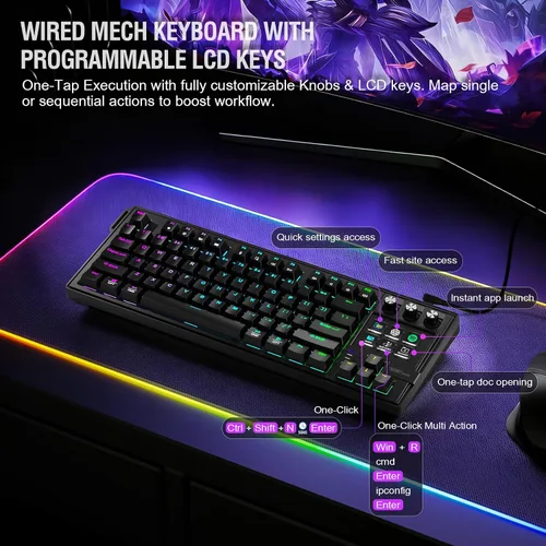Vista 2 de Teclado mecánico con teclas programables completas, panel de macros controlador de transmisión con pantalla y perilla, junta de transmisión