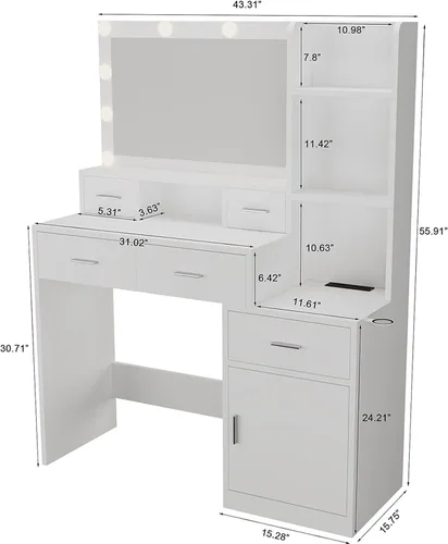 Vista 2 de Escritorio de tocador con luces, juego de mesa de tocador de maquillaje con 5 cajones, tocador de maquillaje blanco con espejo iluminado, 3 modos