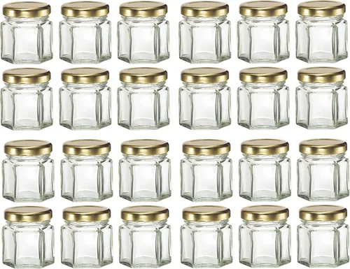 Vista 7 de Nakpunar 24 tarros hexagonales de vidrio de 1.5 oz con tapas negras - 1.5 fl oz