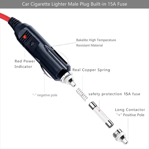 Vista 4 de Cable de extensión de pinza de cocodrilo a encendedor de cigarrillos macho, cable de carga de batería de puente de 12 V-24 V, cable eléctrico