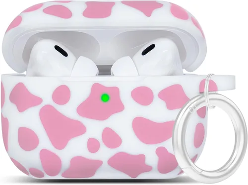 Vista 5 de LitoDream - Funda de silicona suave y flexible con llavero para Apple AirPods 2 y 1, para niñas (vaca; blanco con cactus)