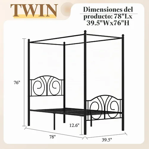 Vista 2 de VECELO Marco de cama con dosel doble, cabecero vintage con voluta, negro Negro mate