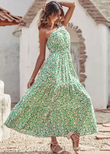 Vista 4 de PRETTYGARDEN Vestido largo floral de verano para mujer, de un hombro descubierto, con nudo, volantes, bohemio, para playa, vacaciones, boda, invitada