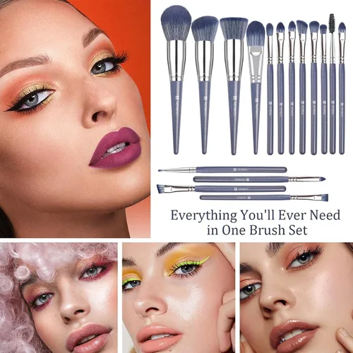 Vista 6 de Brochas de Maquillaje, HEYMKGO Juego de 16 Brochas de Maquillaje Profesionales Sintéticas para Base Difuminado Rubor Brochas Faciales, Kit de Azul