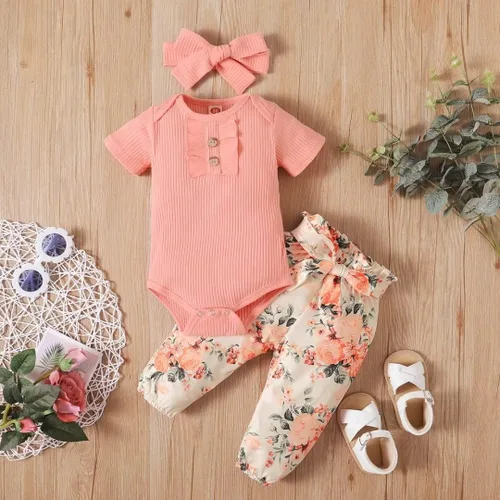 Vista 2 de Conjunto de ropa para bebé recién nacida, conjunto de trajes de niña con volantes y diadema 3 piezas de verano