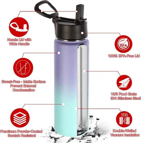 Vista 5 de Volhoply Botellas de agua aisladas de 22 onzas con tapa con popote, botella de acero inoxidable con asa, vasos de agua de viaje de metal de doble