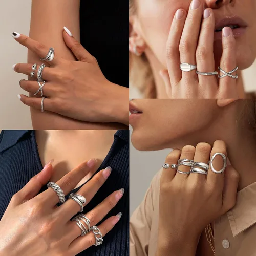 Vista 4 de HAIAISO Juego de 16 anillos gruesos chapados en oro de 18 quilates para mujer, chapados en oro de 18 quilates, trenzados, redondos, ajustables