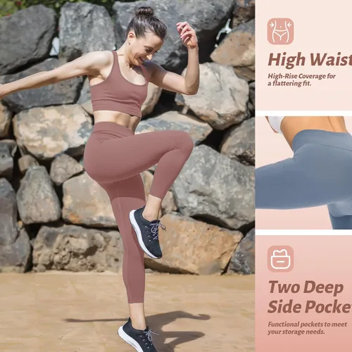 Vista 52 de NexiEpoch - Paquete de 4 leggings suaves para mujer, con bolsillos, control de abdomen y cintura alta, pantalones capri para yoga y ejercicio