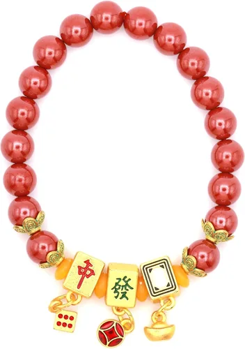 Vista 2 de Pulsera de cinabrio natural con cobre chapado en oro Mahjong Design Charm Lucky Bead Tamaño 0.315 in