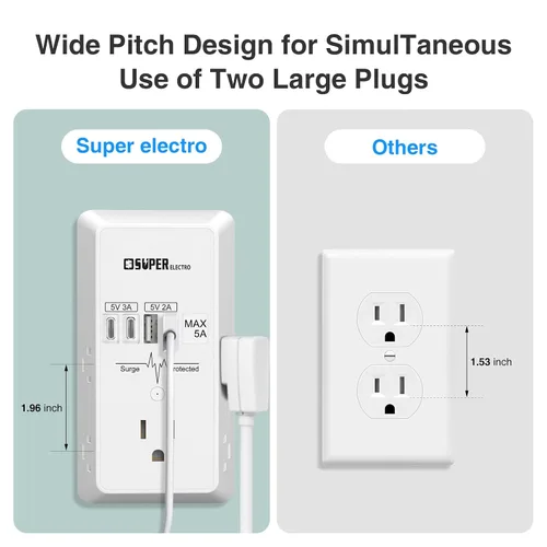 Vista 4 de Extensor de Enchufe, Cargador de Pared USB, Protector Contra Sobretensiones, Extensor de 5 Enchufes con 4 Puertos de Carga USB (5V 5A), Adaptador