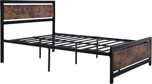 Vista 6 de Majnesvon Base de cama resistente de tamaño matrimonial con cabecera de madera moderna, plataforma de metal con marco de hierro esmerilado